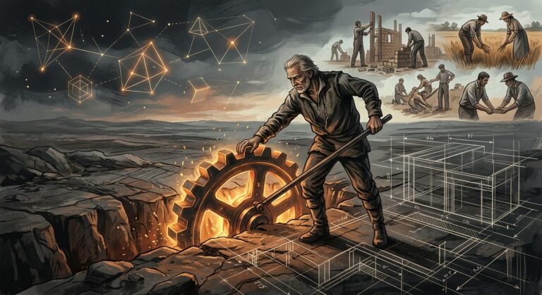An editorial illustration depicting the concept of a lived philosophical worldview. In the center, a figure with the weathered features of an experienced elder stands on a vast, textured landscape where the solid earth transitions into a complex architectural blueprint. The figure is not merely observing the horizon but is actively adjusting a massive, glowing gear embedded in the ground, symbolizing the transition from explaining the world to transforming it through practice. Above, the sky is a split composition of abstract geometric constellations and realistic scenes of human labor and history. The art style is a sophisticated blend of surrealism and grounded realism, using a palette of deep charcoals, earthy siennas, and sparks of amber light to emphasize the fusion of profound theoretical thought with concrete human action.
