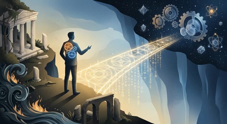 一个人站在古代遗迹旁，通过发光的符号桥梁连接到充满科学和机械的星空。